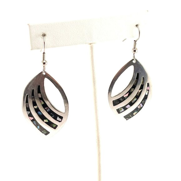 Sterling Silver Abalone Shell Inlay Leaf Shaped Dangle Earrings Abalone Inlay Ea - Picture 6 of 9